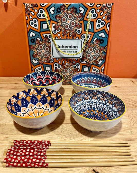 Bohemian Mandala 4 Bowl Set with Chopsticks