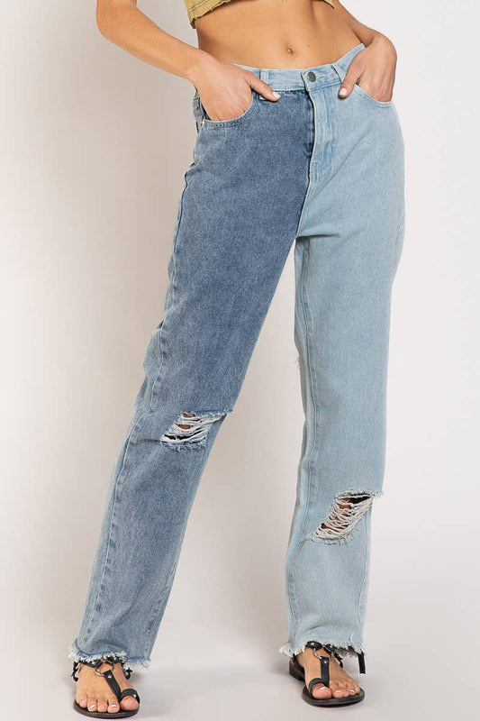 Distressed Edge Color Block Denim Pants