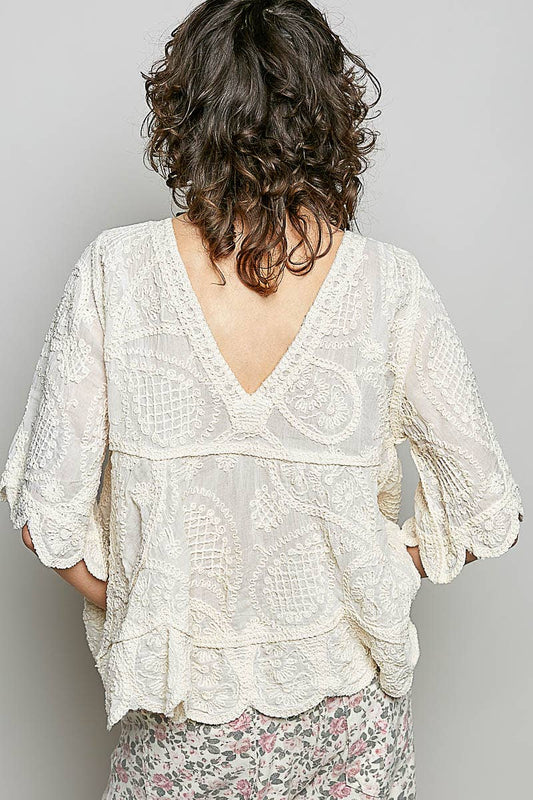 Short Sleeve V-neck Vintage Washing Solid Crochet Top