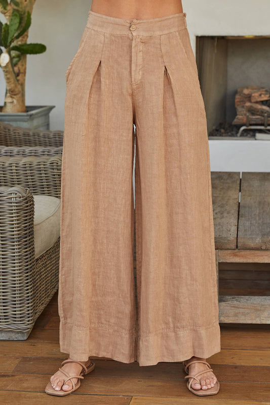 Camel Linen Pleat/Button Front Palazzo Pant