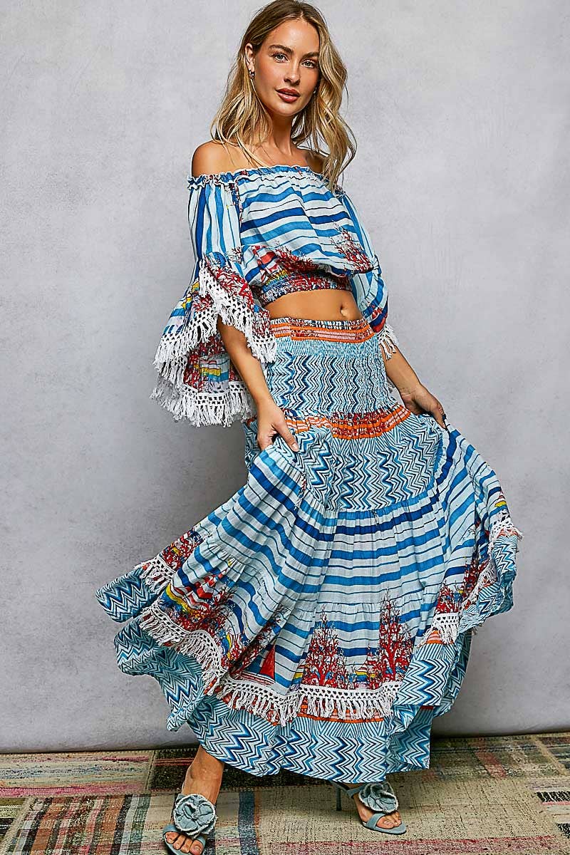 Off-Shoulder Fringe Sleeve Smocked Top and Skirt Set