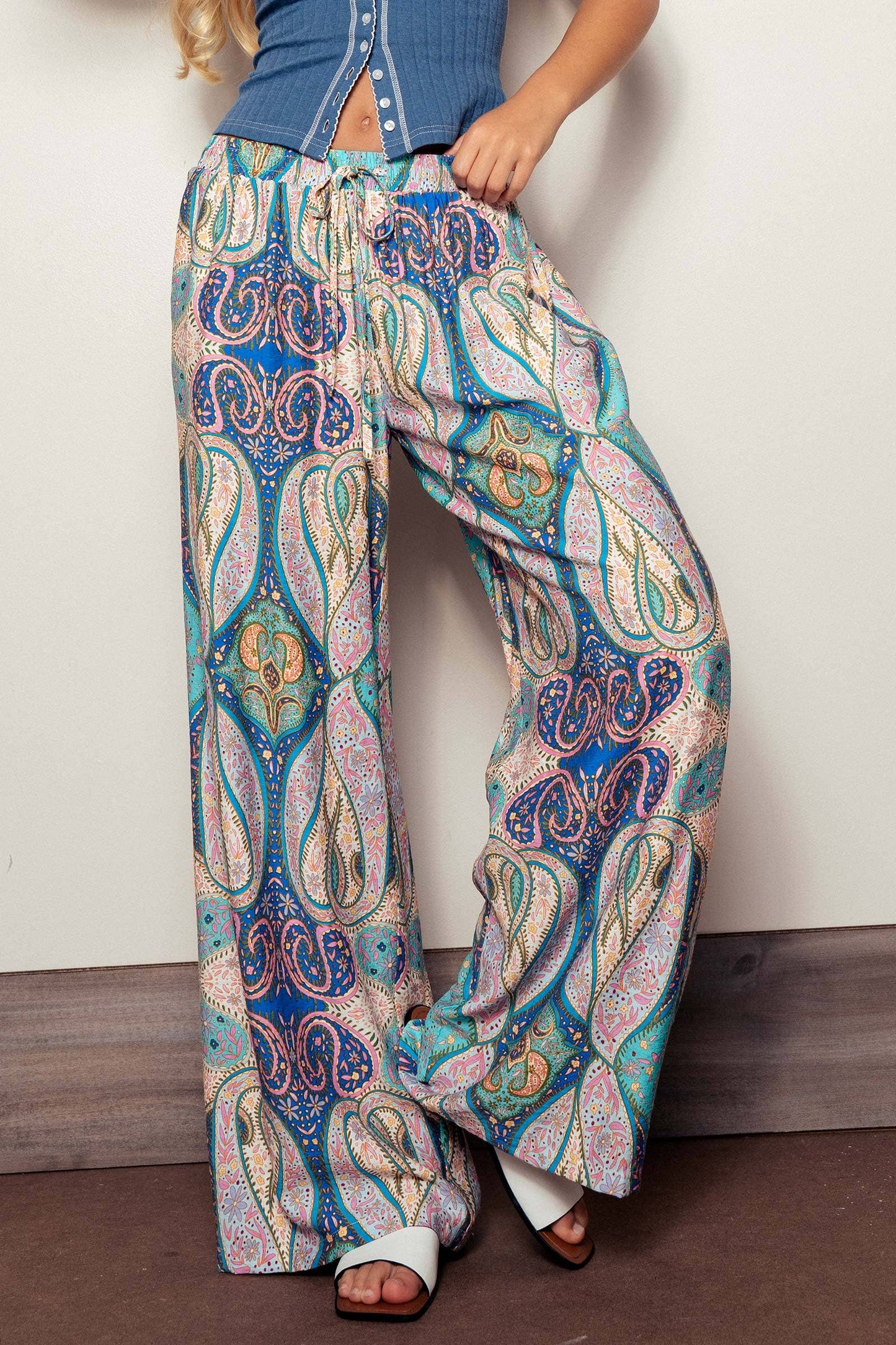 Blue Paisley Print Wide-Leg Statement Pants