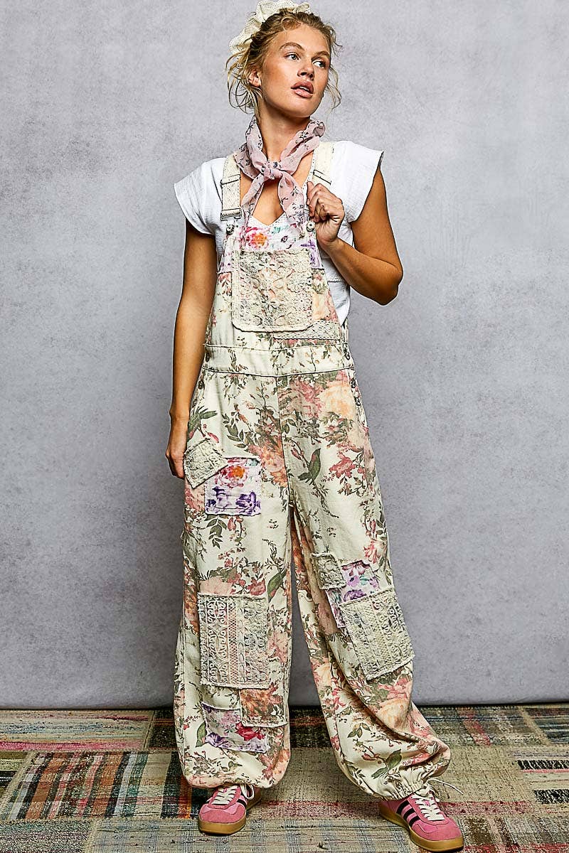 Printed Lace Patch Trim Strap Relaxed Fit Jogger Overalls