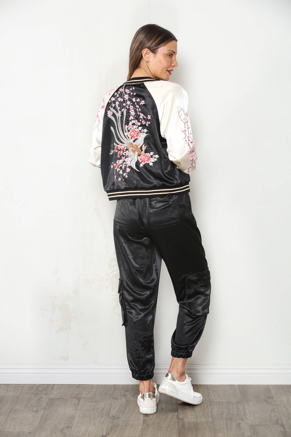 PRE ORDER SHIPS AUG 7-12 Reversible Cherry Blossom Satin Bomber Jacket