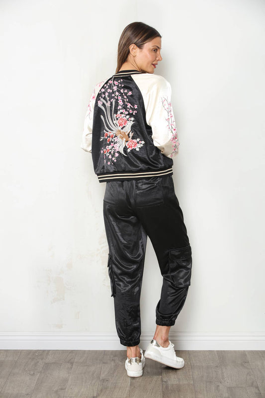 Reversible Cherry Blossom Satin Bomber Jacket