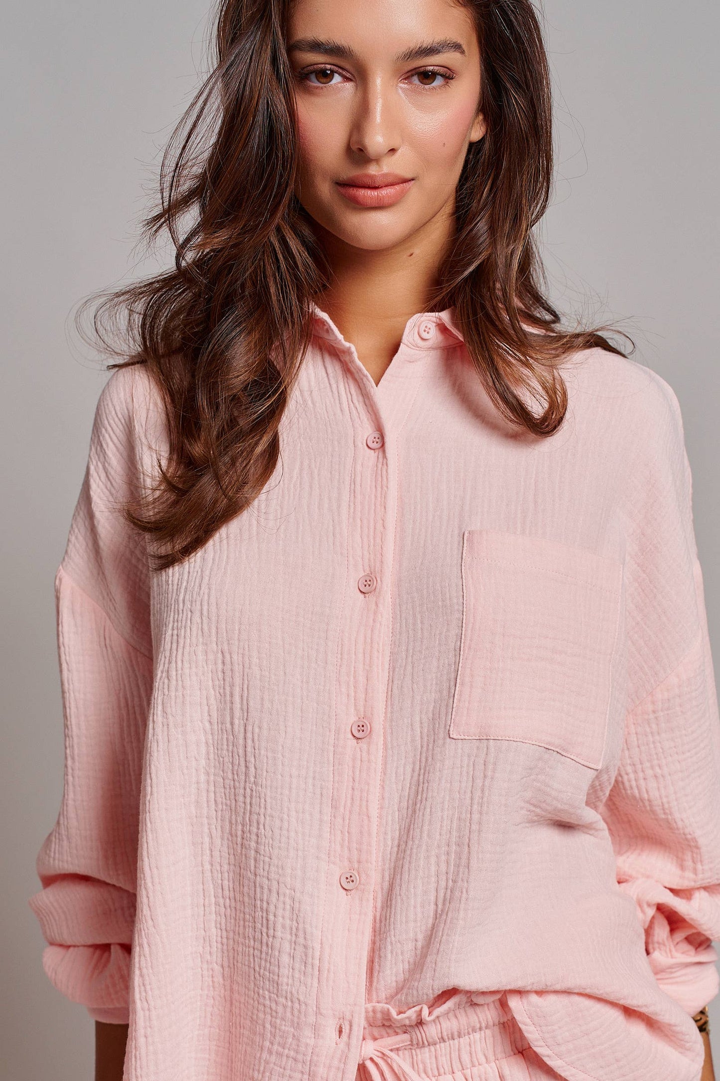 Pink Crinkle Cotton Gauze Resort Button-Up Set
