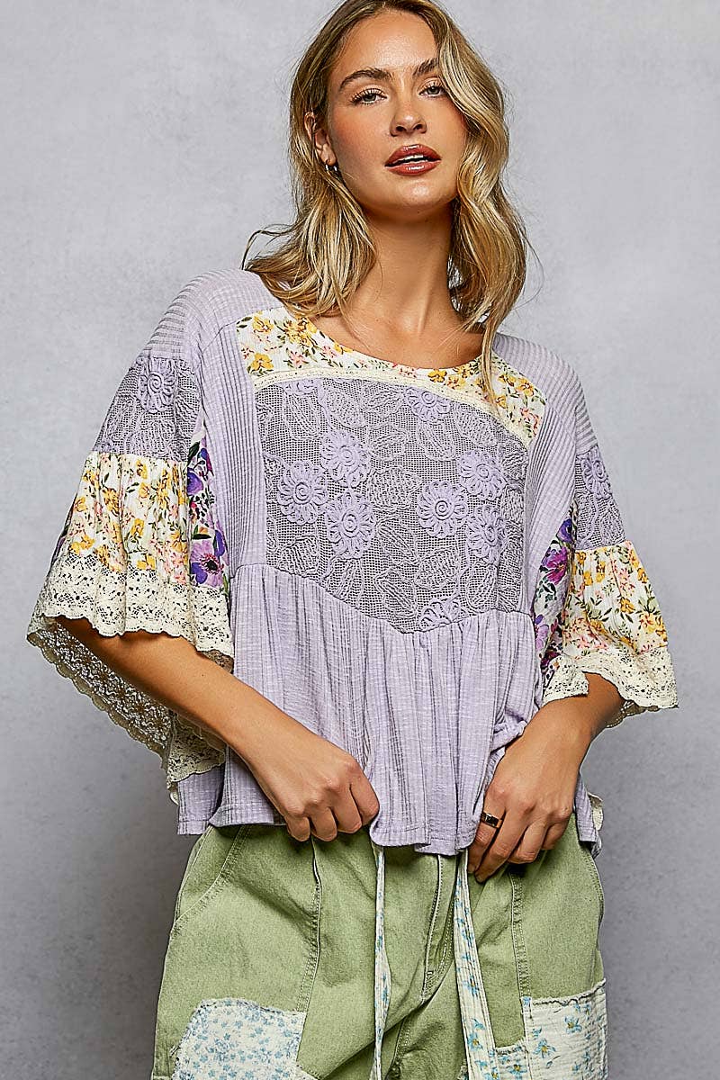 Rib Floral Pattern Round Neck Short Sleeve Top