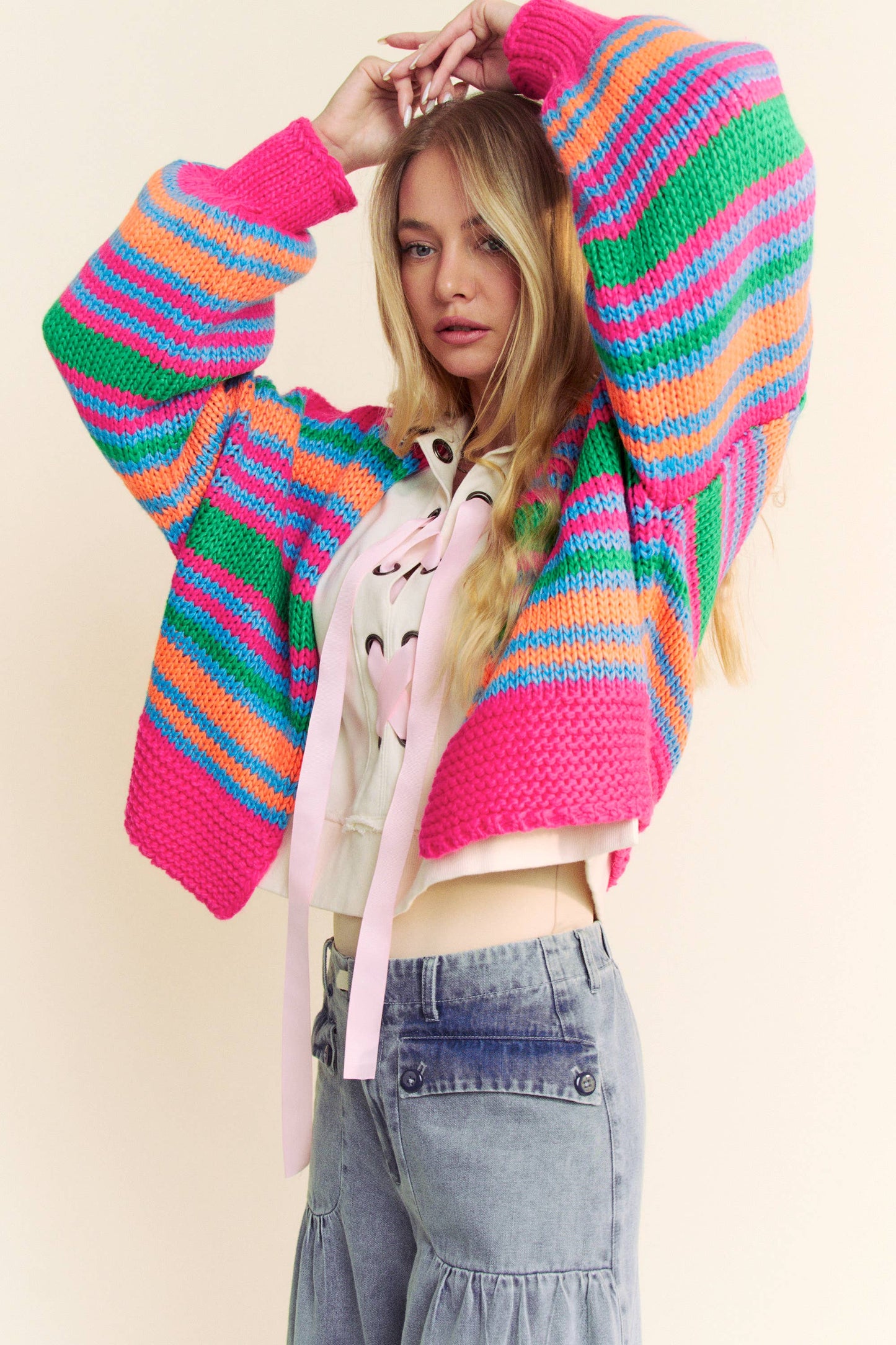 Chunky Striped Open-Front Cardigan