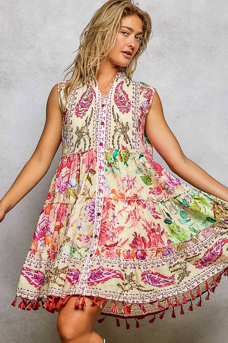 Cotton Button Closure Floral Tassel Bead Sleeveless Dress