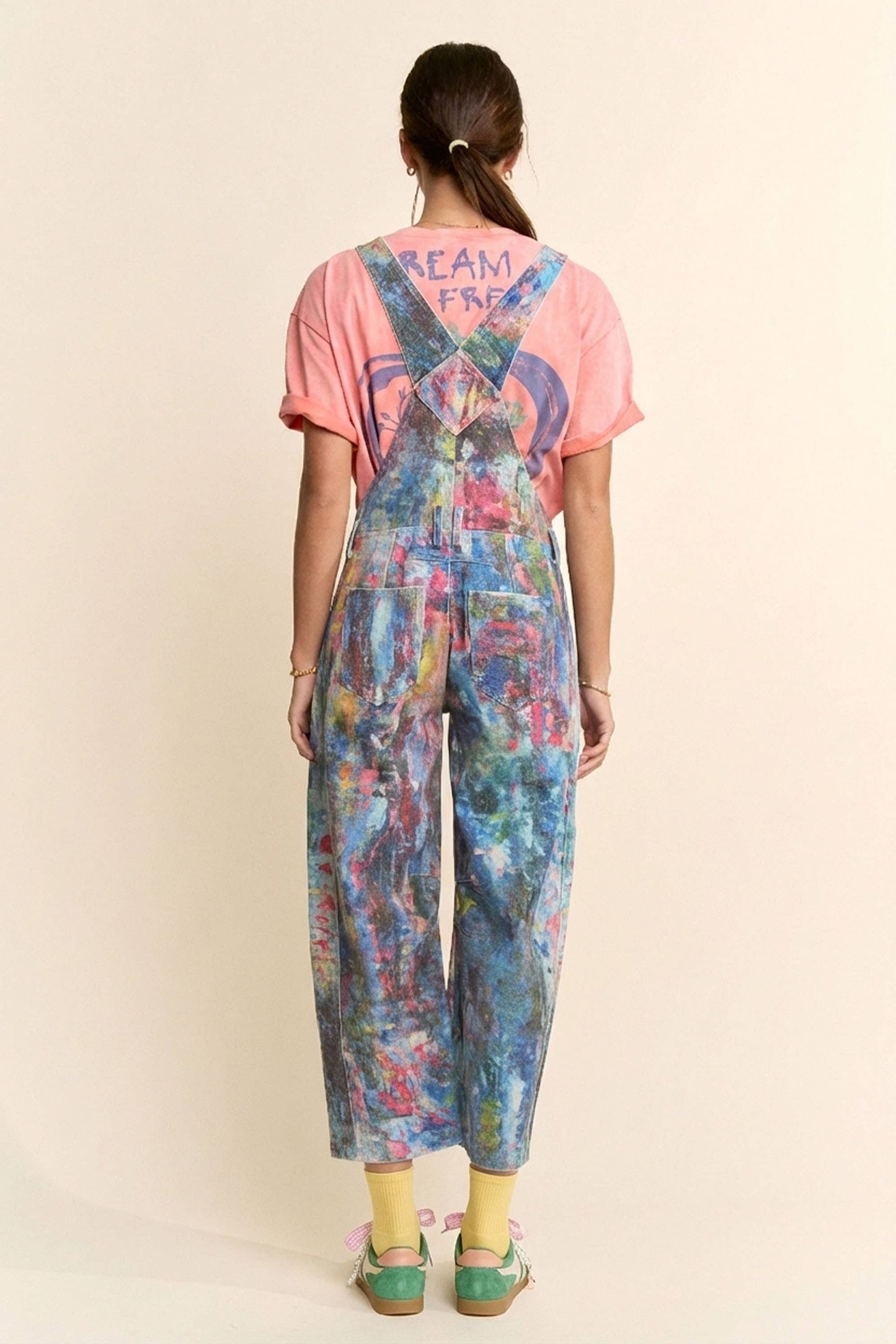 WATER COLOR DENIM BARREL PANTS OVERALL JUMPSUIT