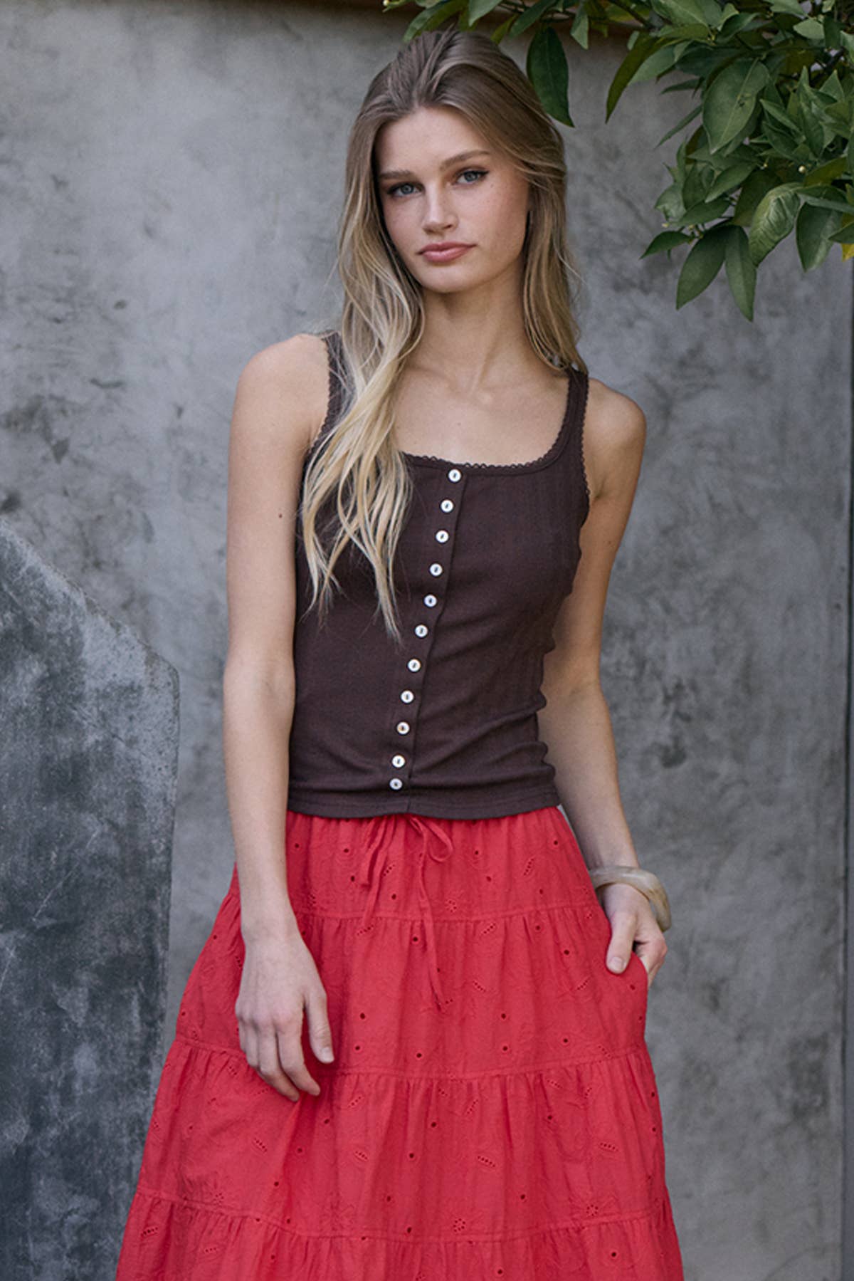 Pointelle Ribbed Button Front Knit Cami
