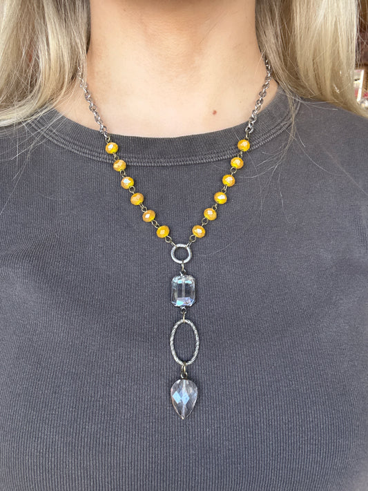 Yellow Bead Clear Drop Necklace