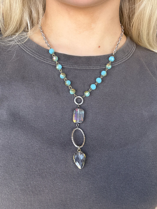 Blue Bead Clear Drop Necklace