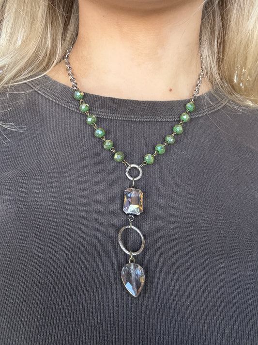 Green Bead Clear Drop Necklace