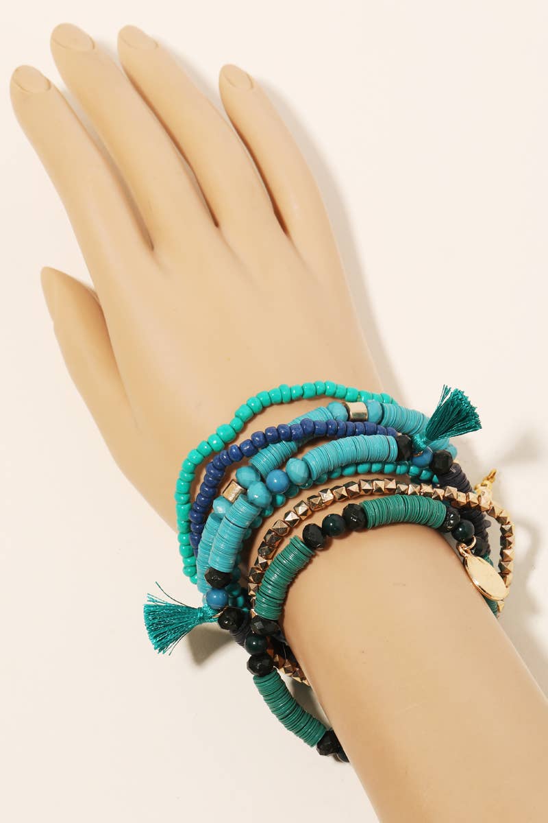 Multi Tassel Beaded Bracelet Set