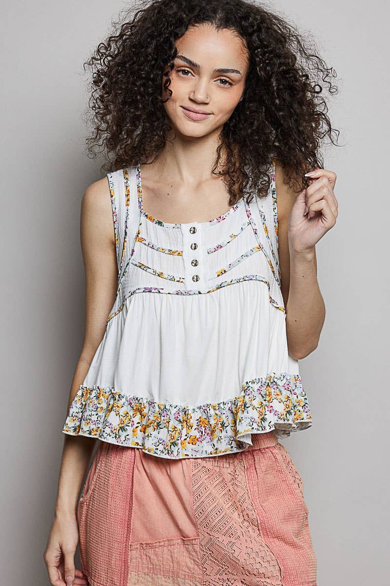 Square Neck Jersey Floral Trim Boho Tank Top