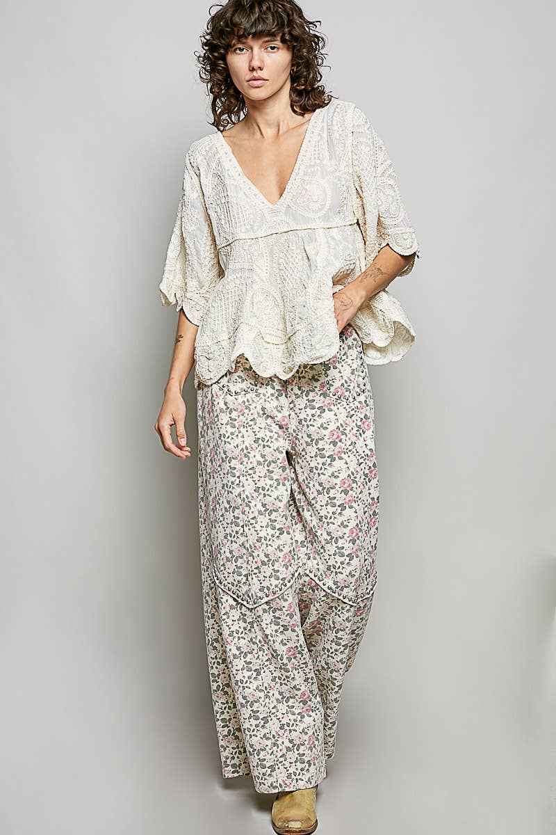 Short Sleeve V-neck Vintage Washing Solid Crochet Top