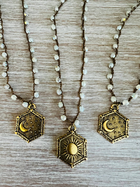 Reversible Sun And Moon Necklace With Crocheted Crystals
