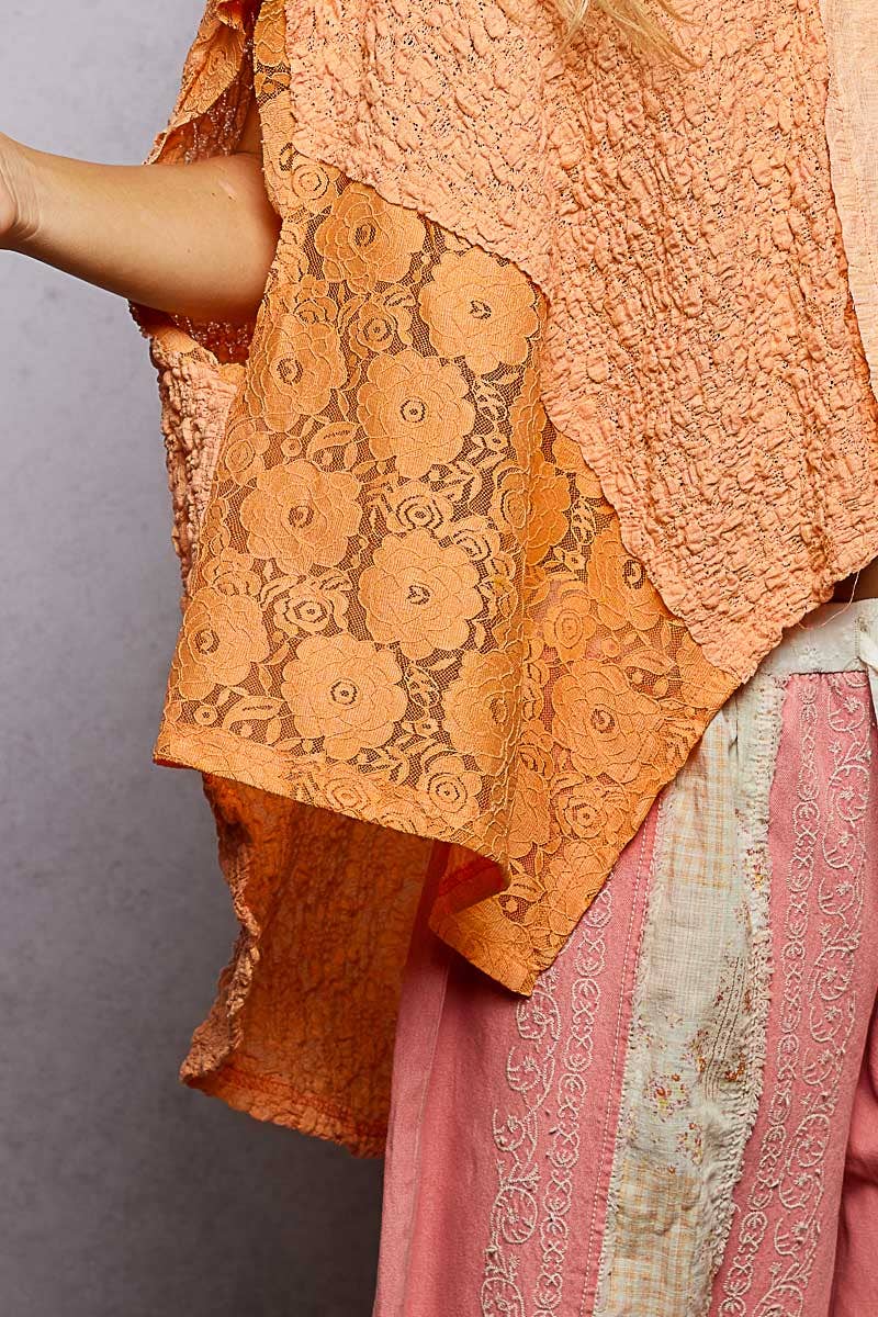 Patchwork Lace Oversized V-Neck Raw Edge Top