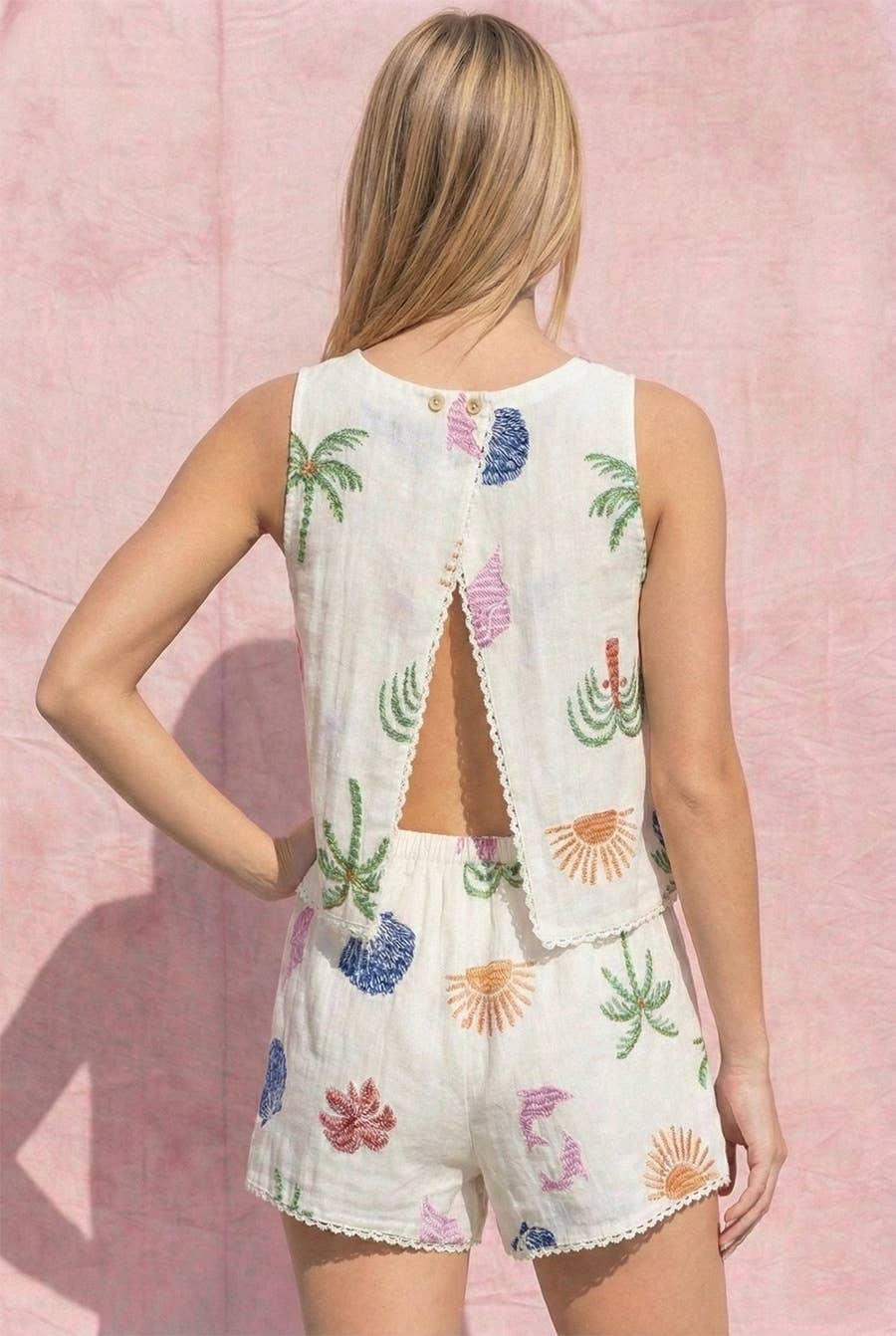 Palm and Dolphin Printed 2- Piece Short Set