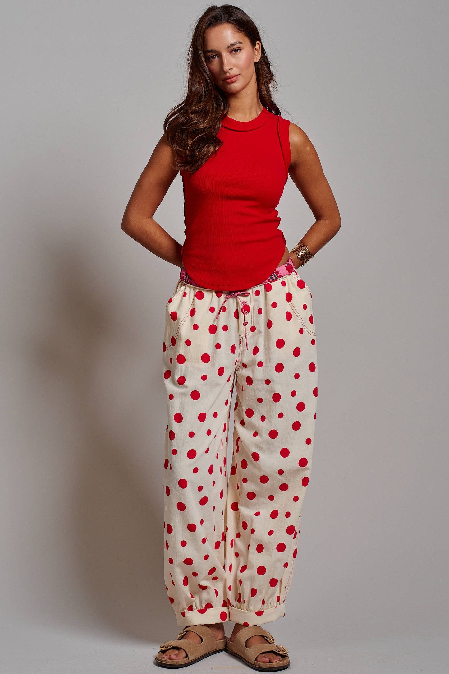 Retro Polka Dot Elastic Waist Wide-Leg Pants