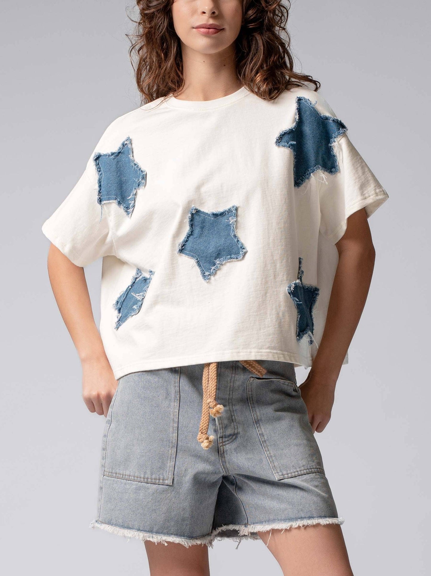 Distressed Denim Star Appliqué Cotton Tee