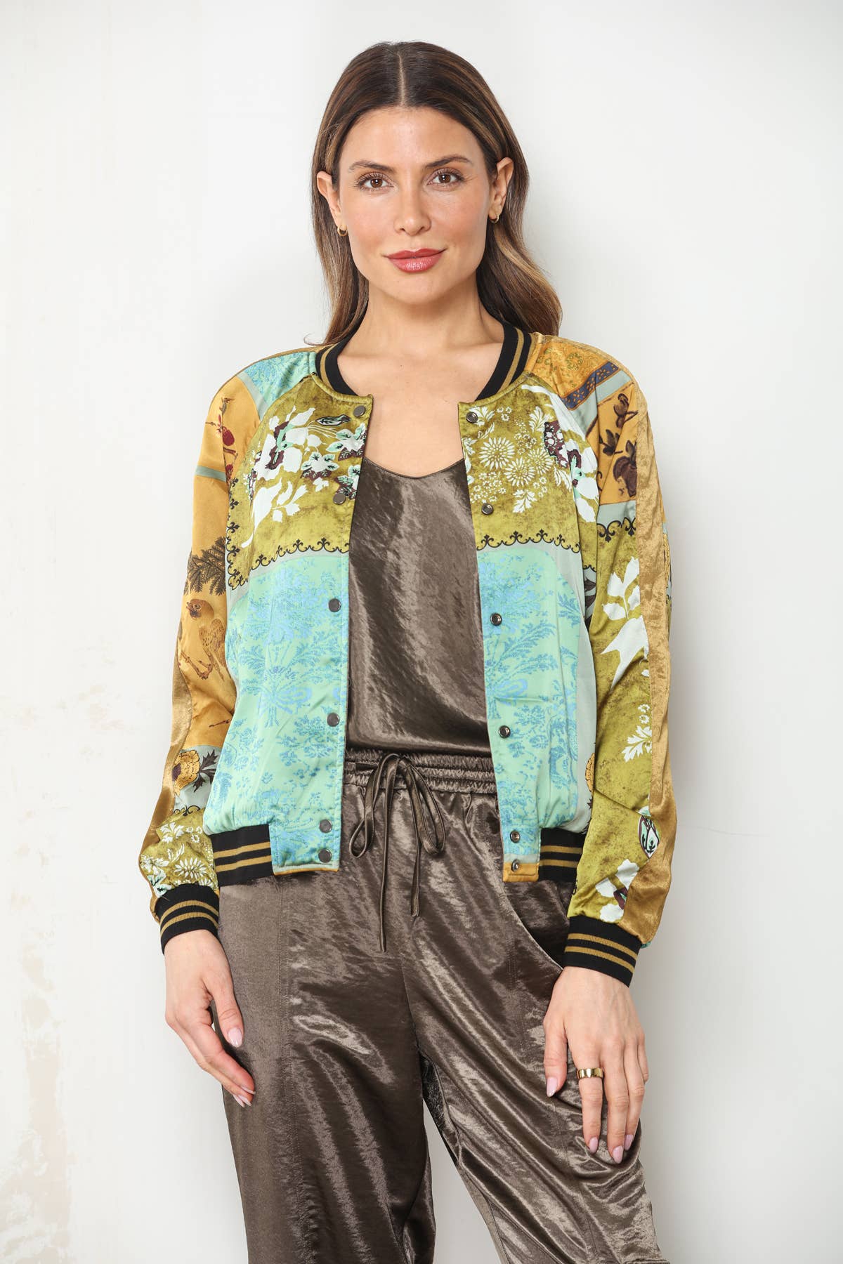 PRE ORDER AUG 7-12 Reversible Patchwork Hammered Satin Bomber Jacket