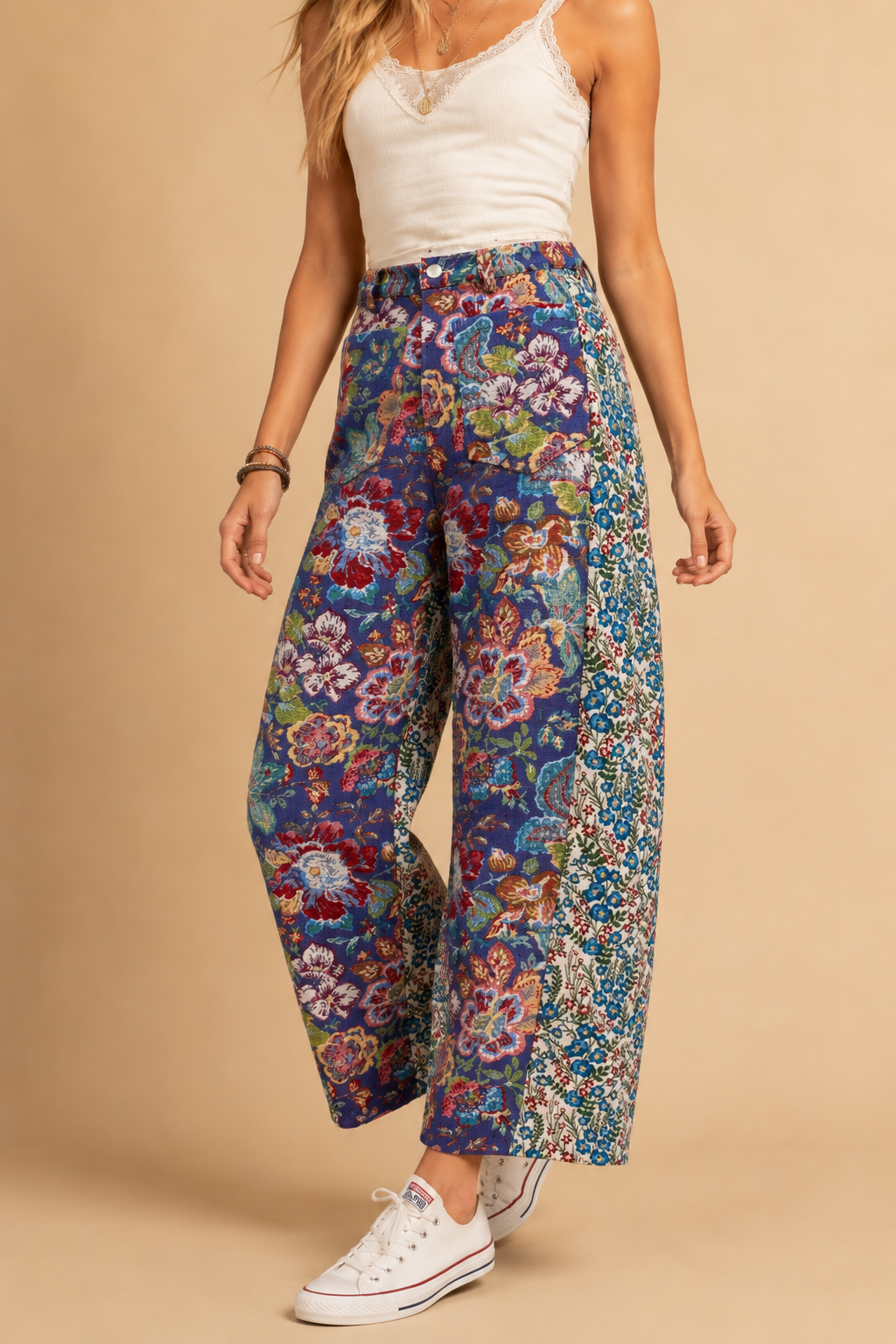 Vintage Tapestry Mixed-Print Wide-Leg Barrel Fit Pants