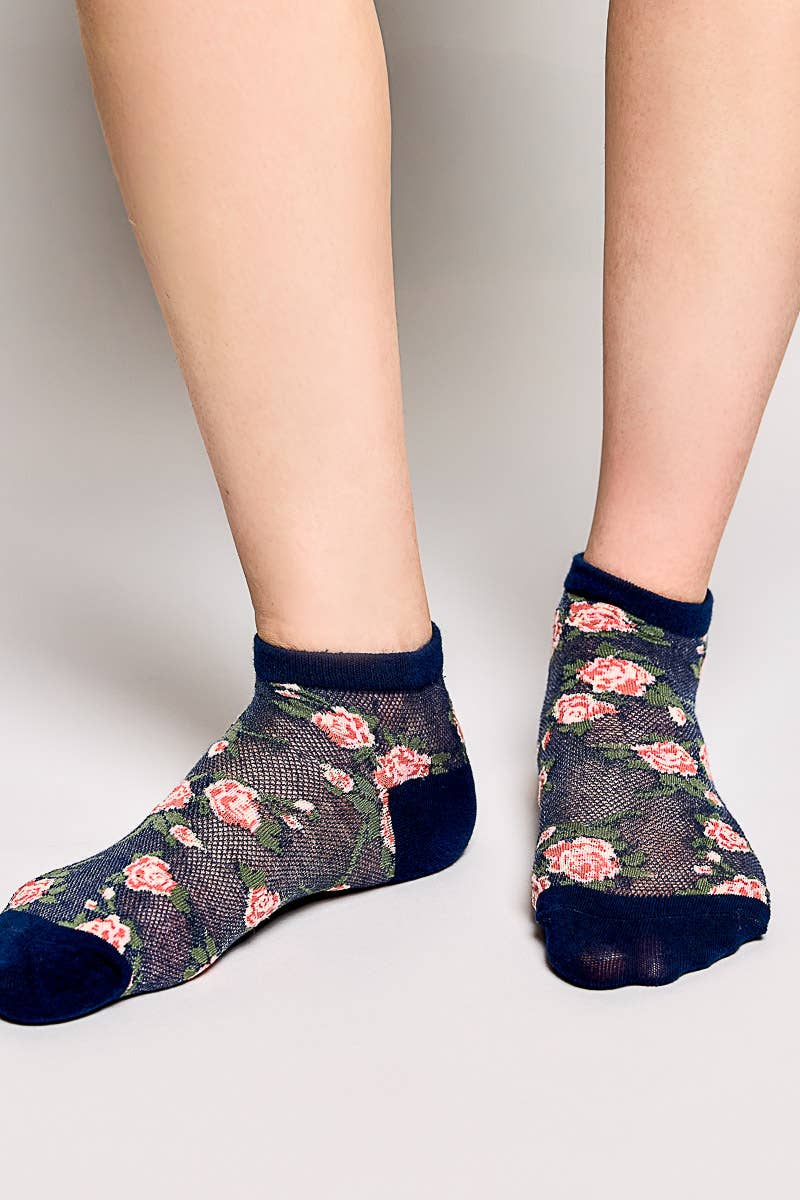 Allover Floral Print Classic Ribbed Cuff Knit Crew Socks