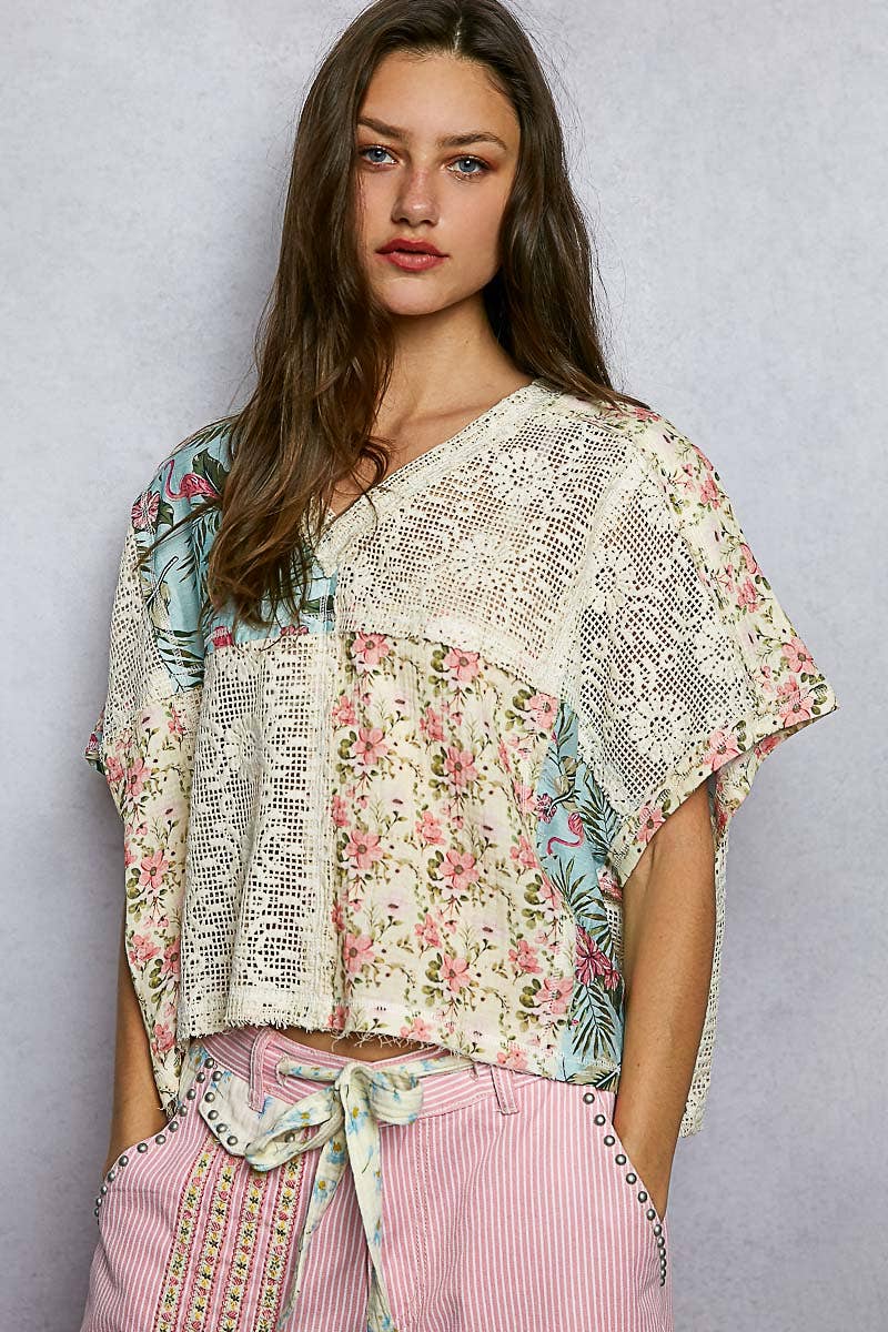 V-Neck Lace See Through Double Gauze Blouse