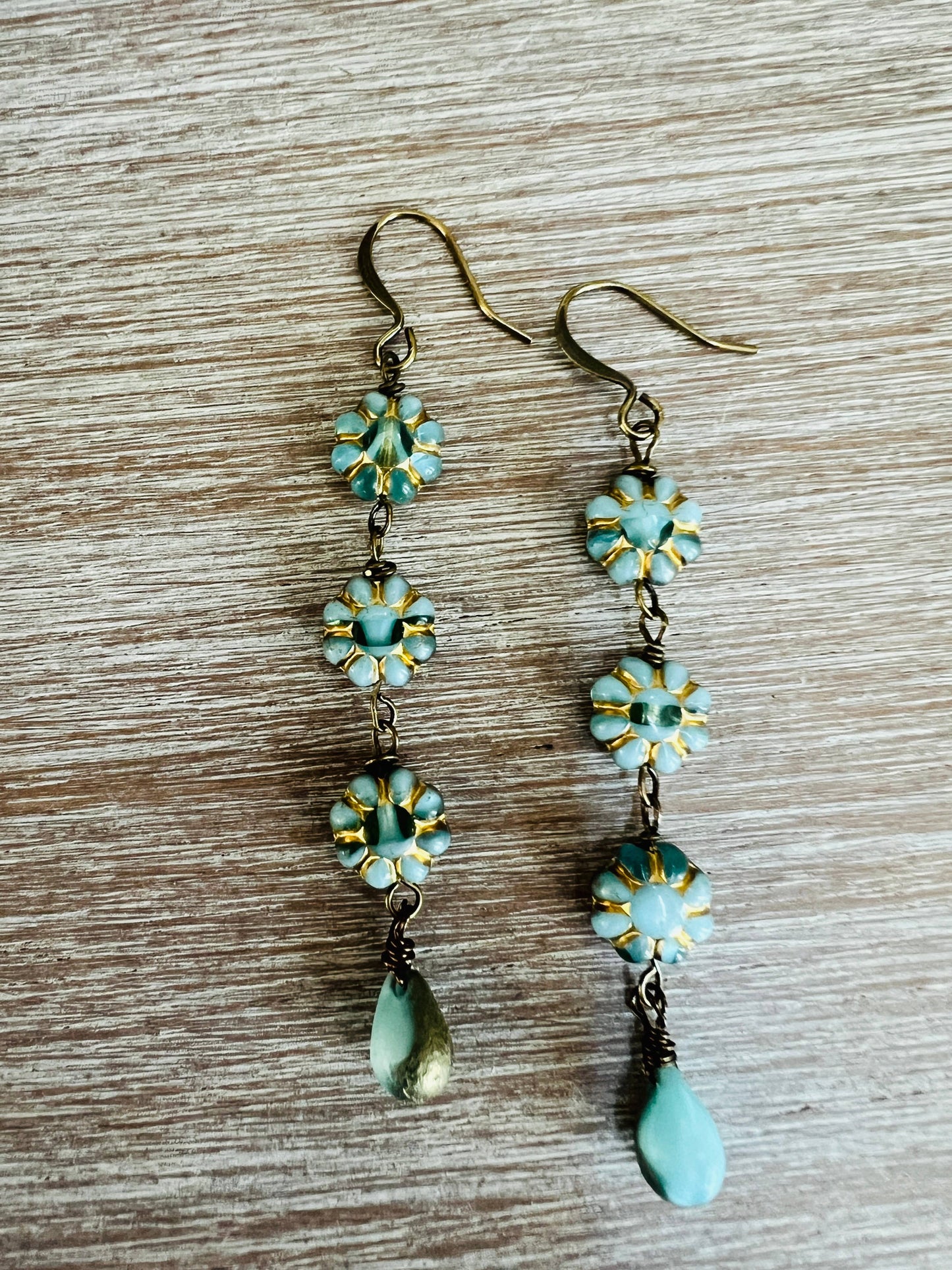 Aqua and Gold French Flower Drop Earrings