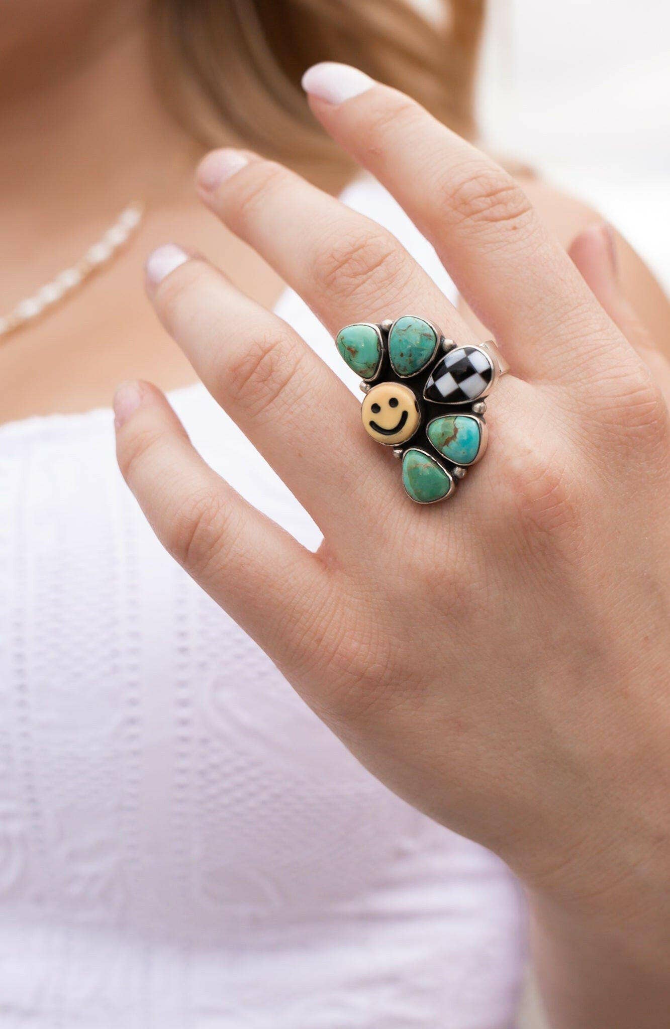 Happy Days Smiley Checkered Stone Rings - Made to Order