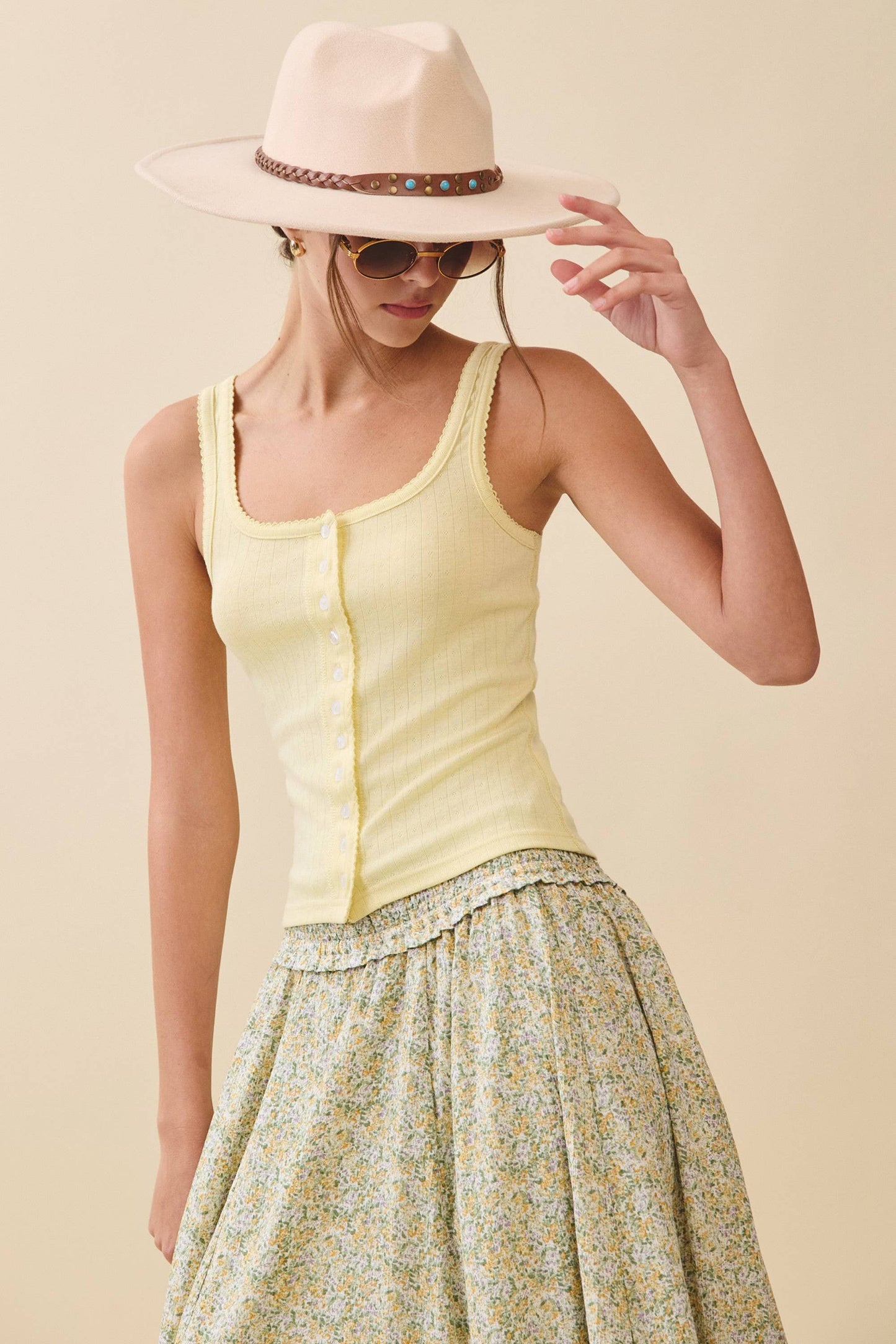 Pointelle Button Front Cami Tank