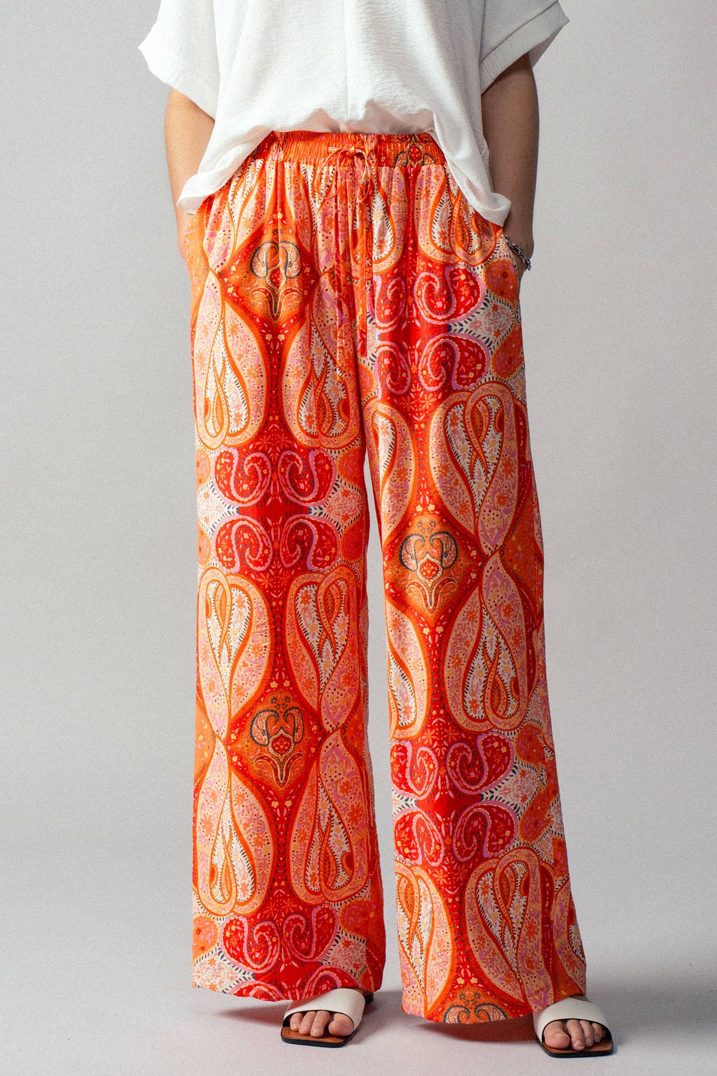 Orange Paisley Print Wide-Leg Statement Pants