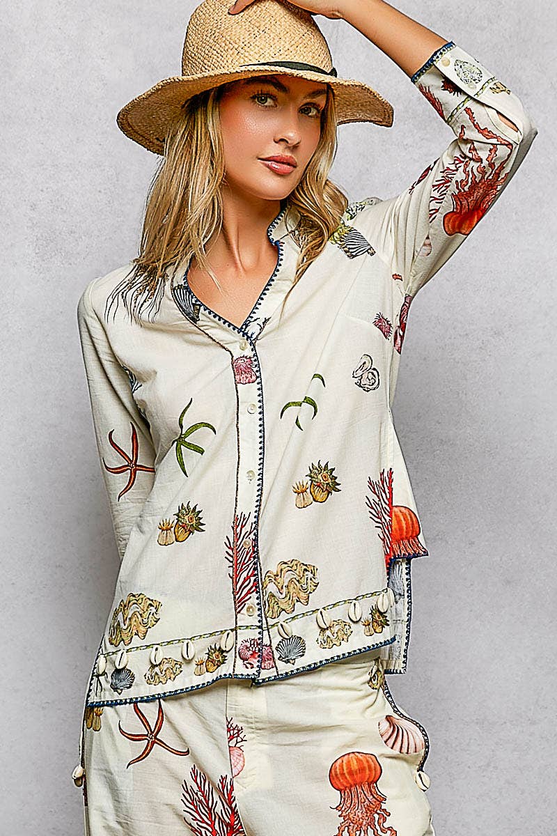 Sea Contrast Stitch Shell Trim Shirt Top