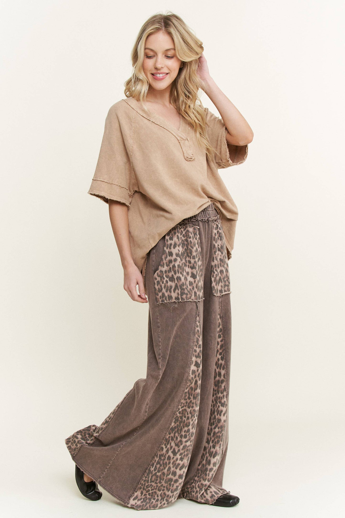 Mineral Washed Leopard Print Flare Pants