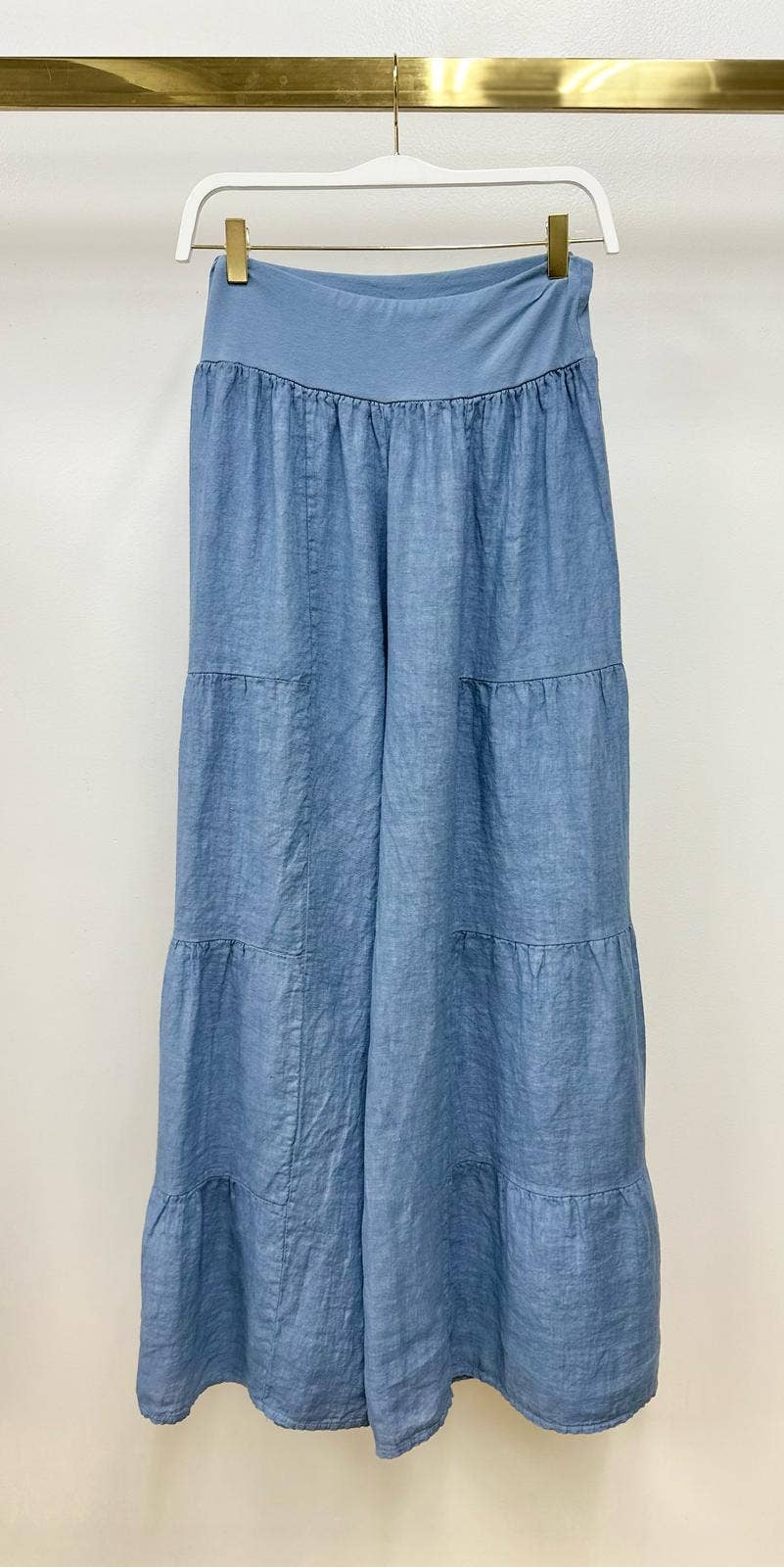 DENIM BLUE LINEN TIERED PALAZZO PANT