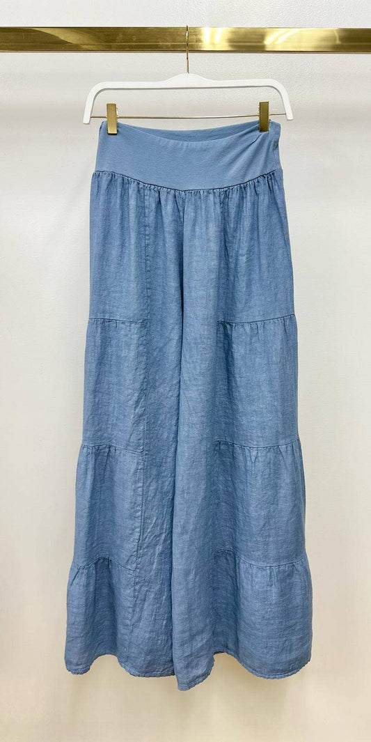 DENIM BLUE LINEN TIERED PALAZZO PANT