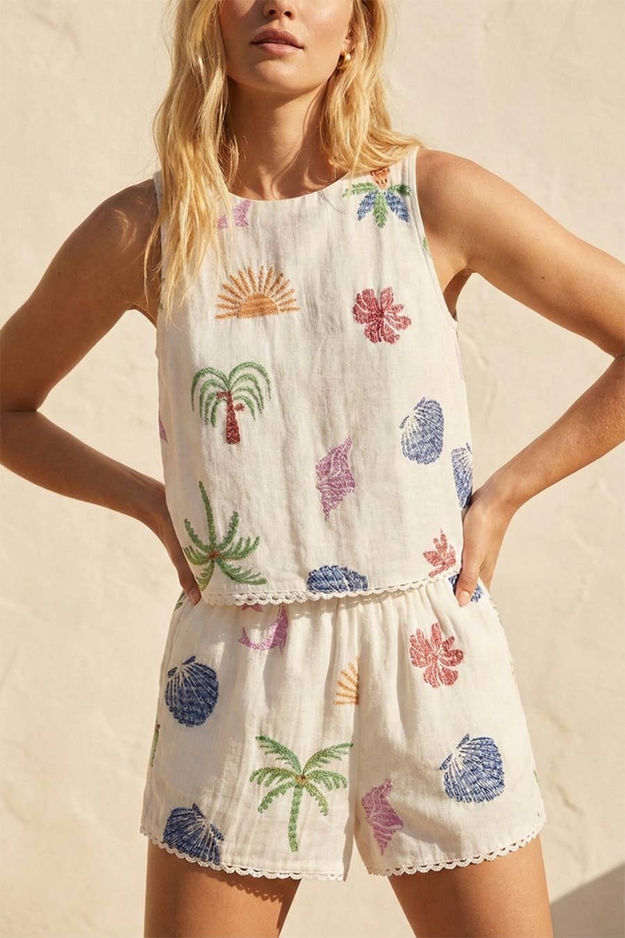 Palm and Dolphin Printed 2- Piece Short Set