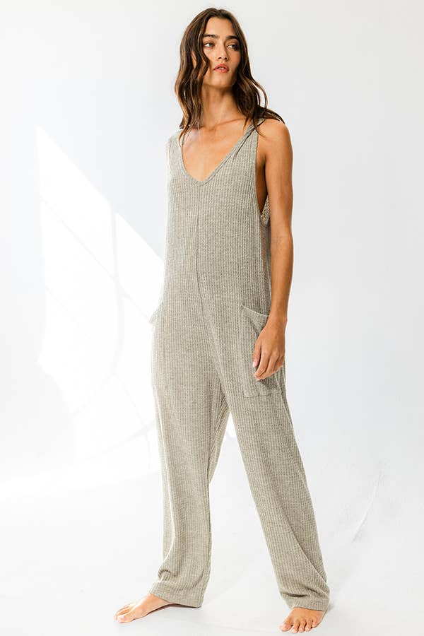 Olive Oversize Tank Textured Knit Jumpsuit With Pockets