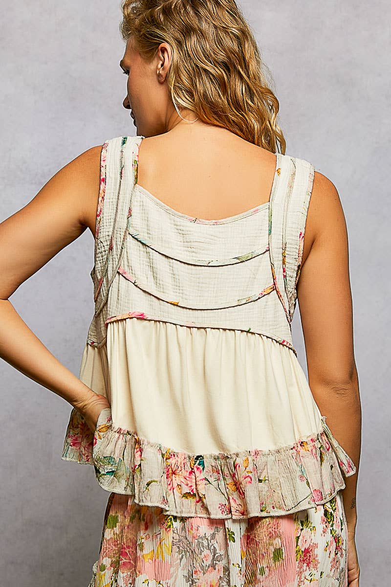 Square Neck Jersey Floral Trim Boho Tank Top