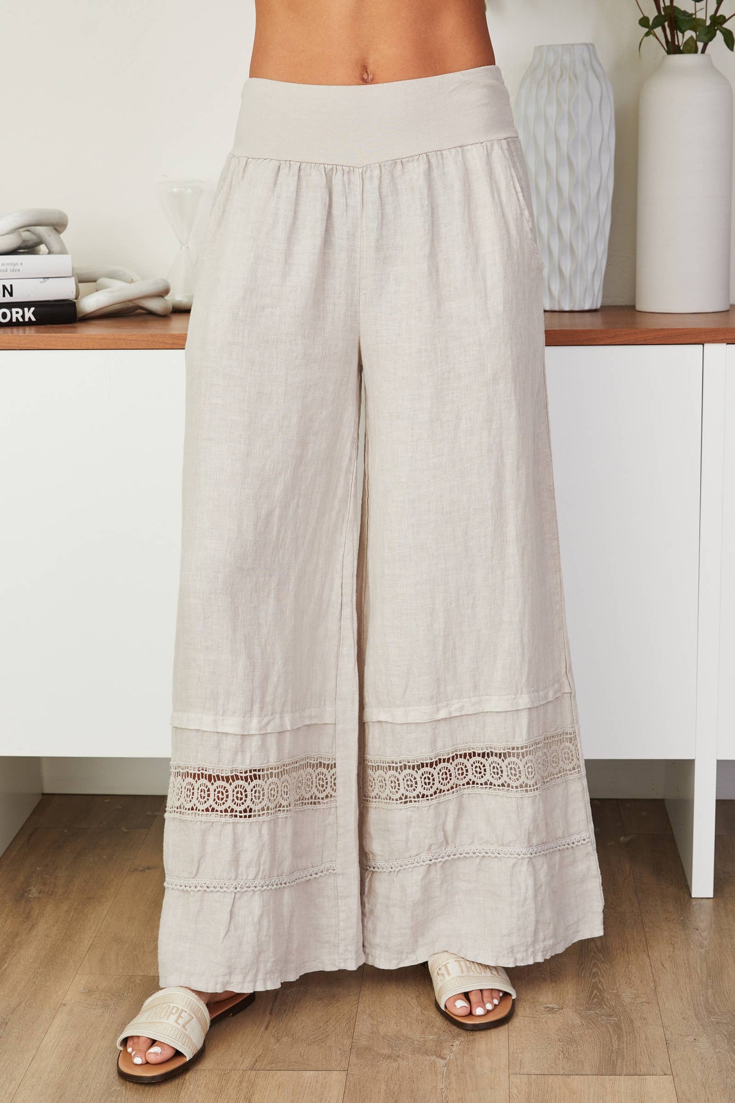 Beige Linen Pants with Crochet Lace Trim