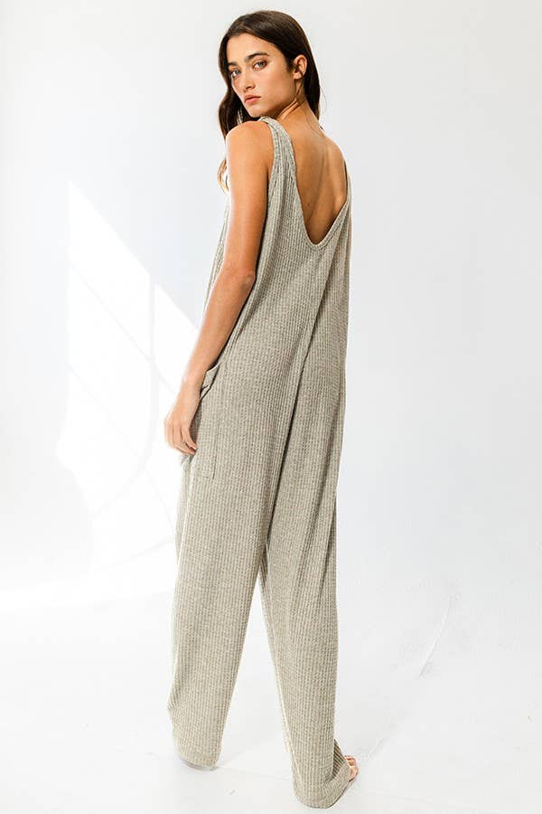 Olive Oversize Tank Textured Knit Jumpsuit With Pockets