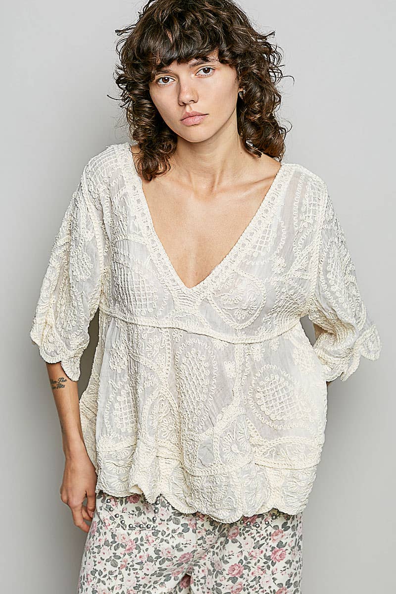 Short Sleeve V-neck Vintage Washing Solid Crochet Top