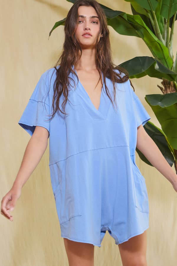 Blue Oversized Wide Legs Solid Romper With Pockets