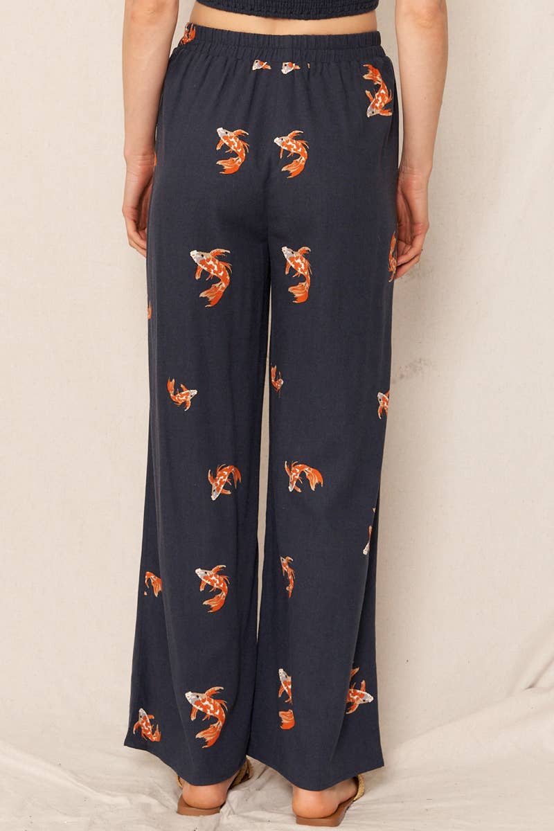 Koi Fish Print Wide Leg Pants