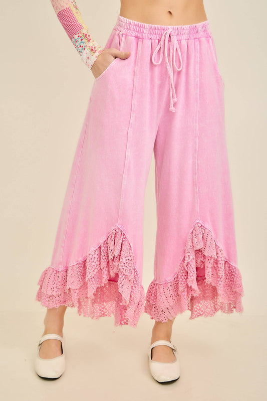 Mineral Washed Lace Ruffles Cropped Pants