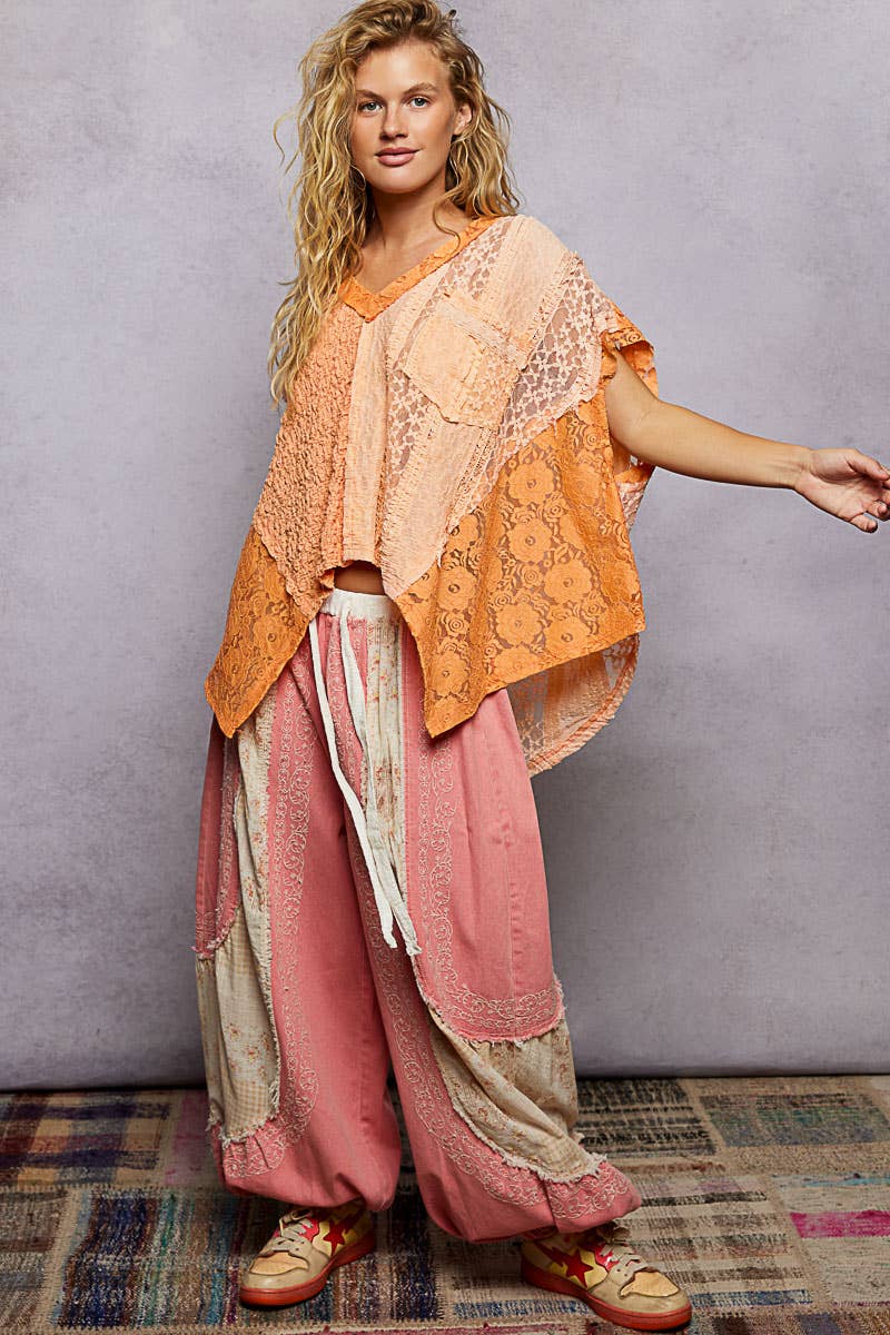 Patchwork Lace Oversized V-Neck Raw Edge Top
