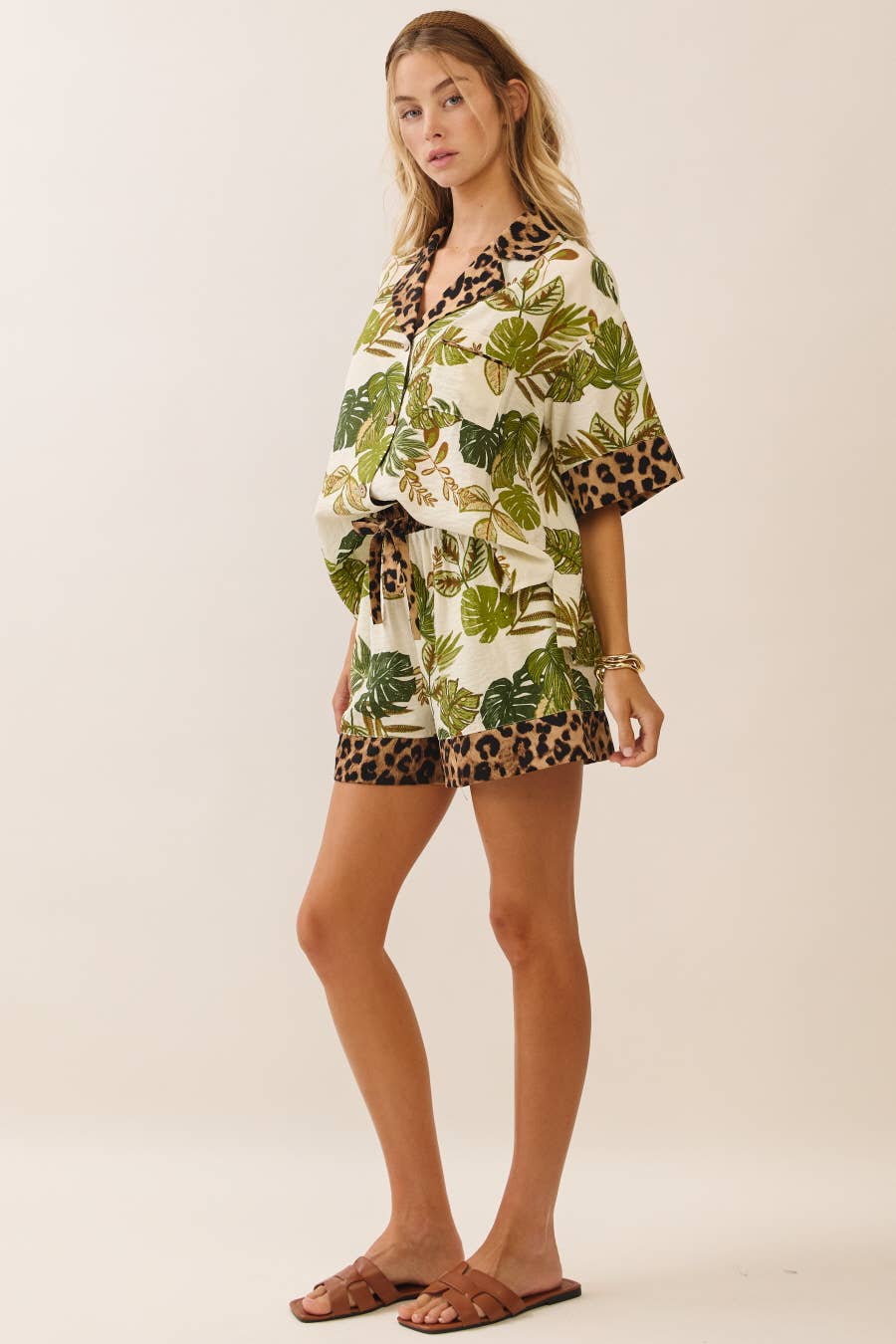 Palm and Leopard Button-up Top Matching Shorts Set