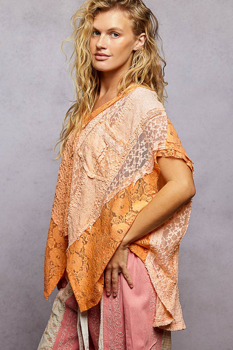 Patchwork Lace Oversized V-Neck Raw Edge Top